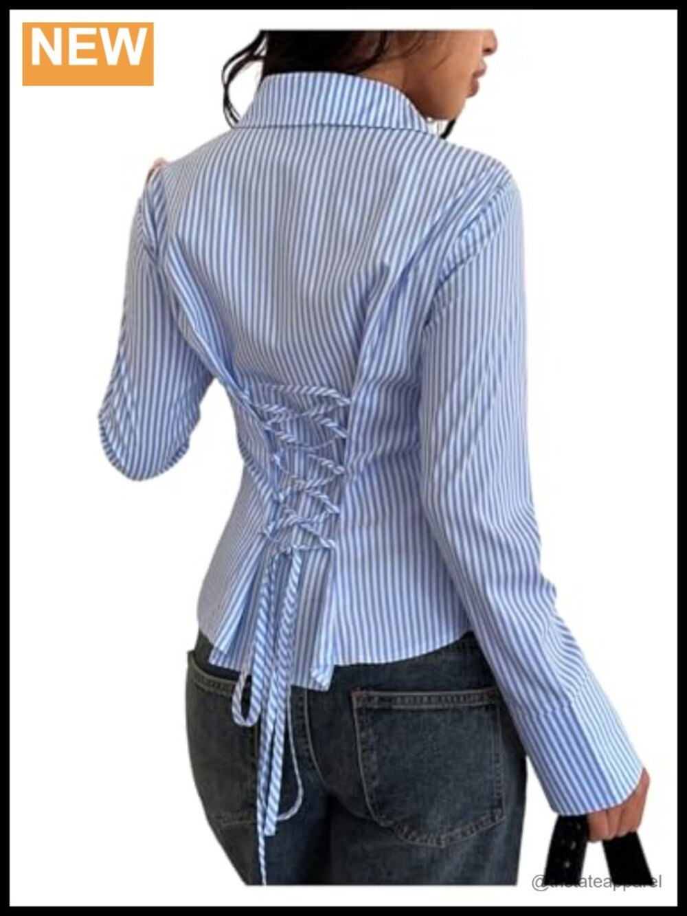 Striped Lace Up Tie Back Button Down Blouse Top